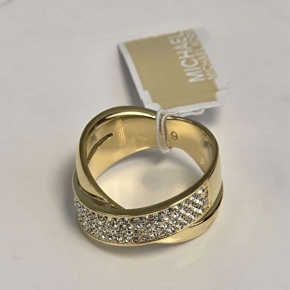Michael Kors Brilliance‎ Gold Tone Pavé Crystal Crisscross Ring Sz 8 MKJ28677108